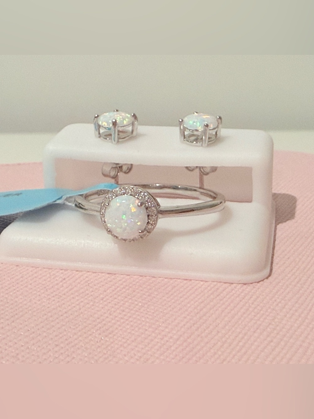 Sterling Silver White Opal Halo Ring Size 10 and Stud Earrings Set - Unbranded